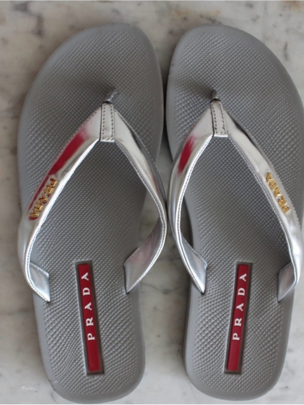 Authentic NEW Prada Lisport Thong Sandal 39 8 8.5 metallic Silver Gray Flip Flop